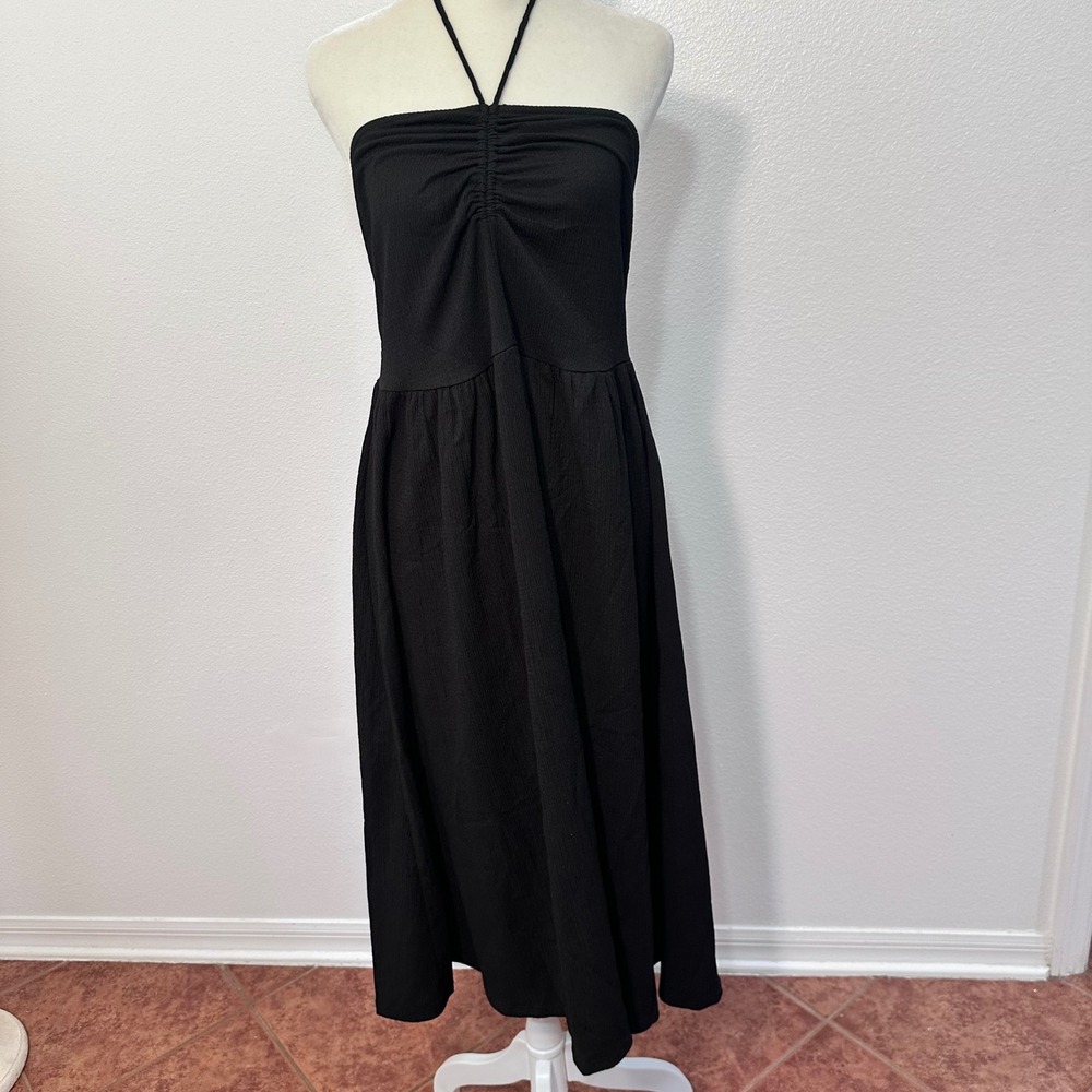 LBD Cottage Core Halter Boho Beachy Sun Dress Ruched Midi Dress Women L Black